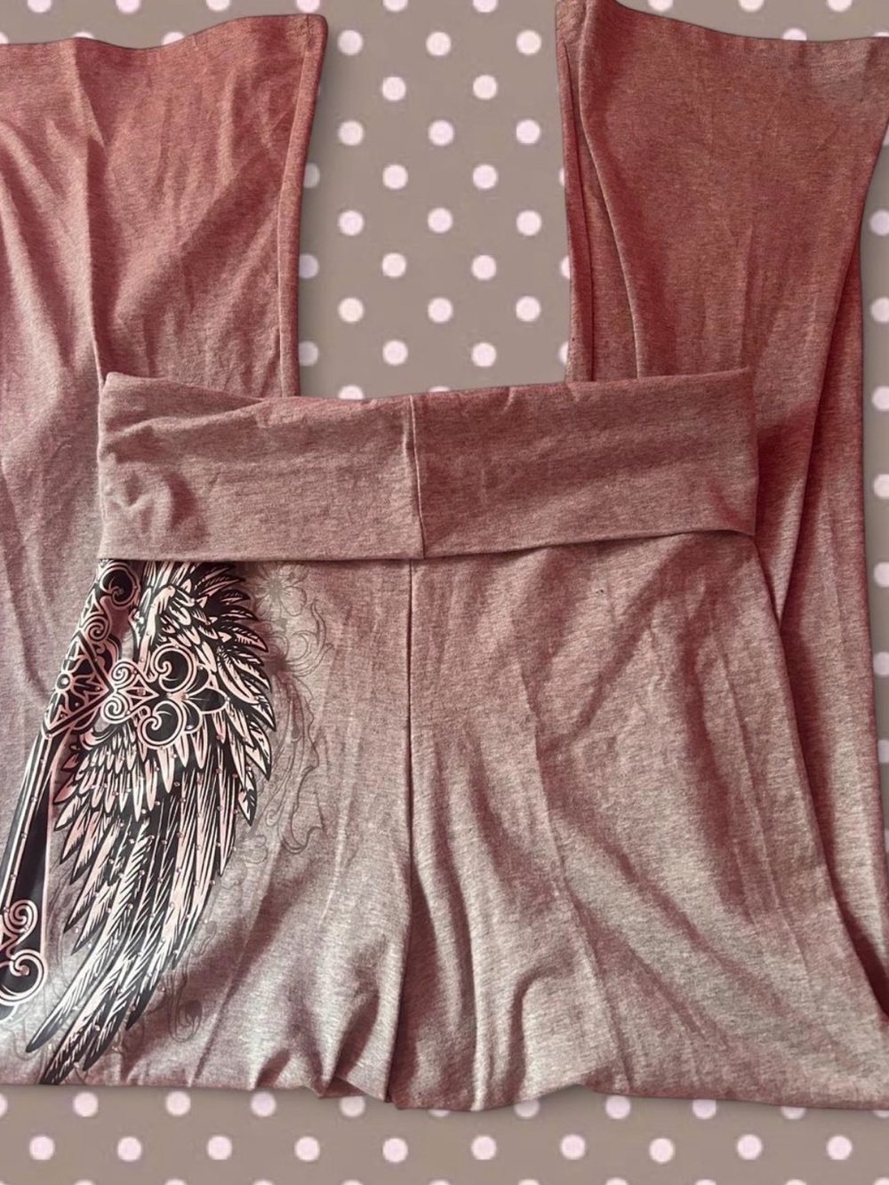 Women's Pink Fold-Over Waist Leggings with Wing Graphic